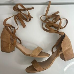 Tony Bianco Camel Brown Sued Ankle Wrap Block Heel Sandals